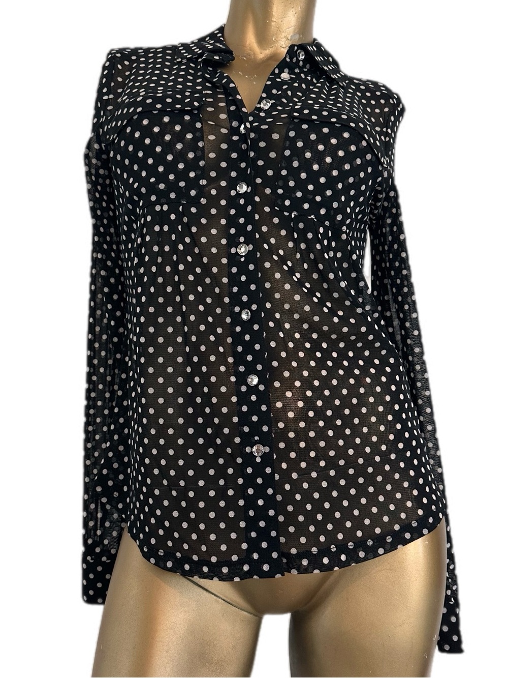 Y2K INC International Concepts Sheer Polka Dot Rhine Button Mesh Top Size M